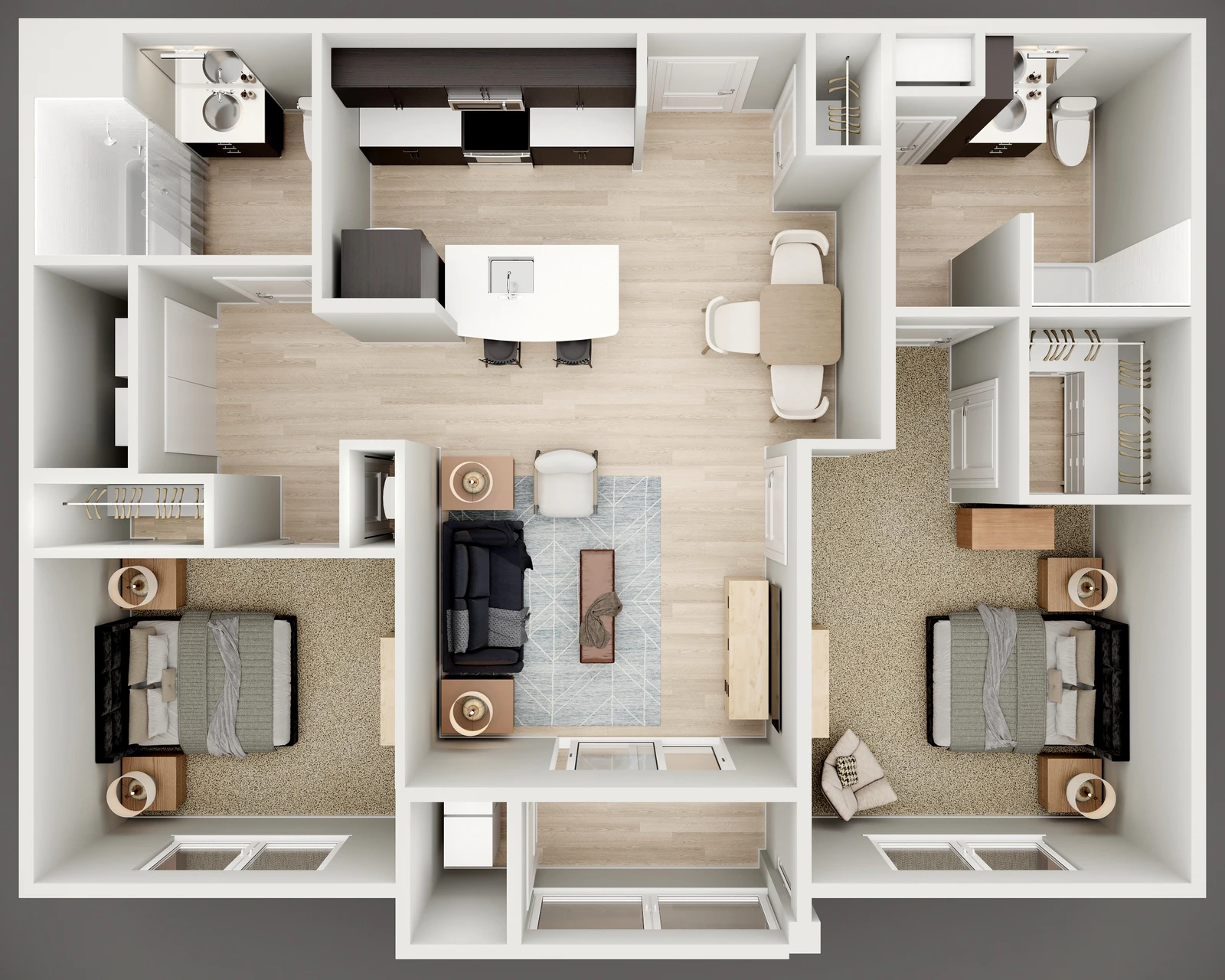 Furnished 3D floor plan of a two-bedroom apartment